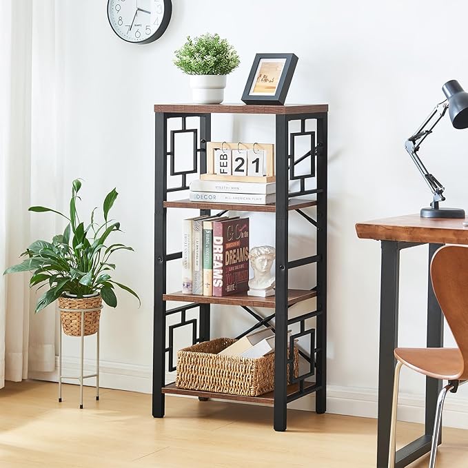 Bookshelf, Vintage Industrial 4 Tier Bookshelf, Freestanding Narrow Bookcase with Rustic Wood and Metal, Small Bookshelf for Home Office, Bedroom & Living Room, Retro Brown - LeafyLoom