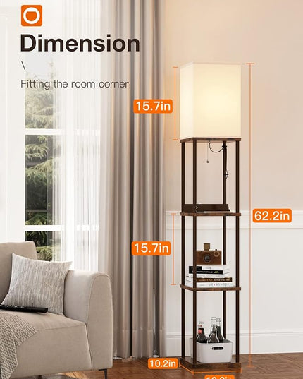 addlon Shelf Floor lamp with 2 USB Ports and Power Outlet, Remote Control Floor lamp for Living Room with 3 Color temperatures led Bulb, Display lamp for Bedroom and Office - Brown - LeafyLoom