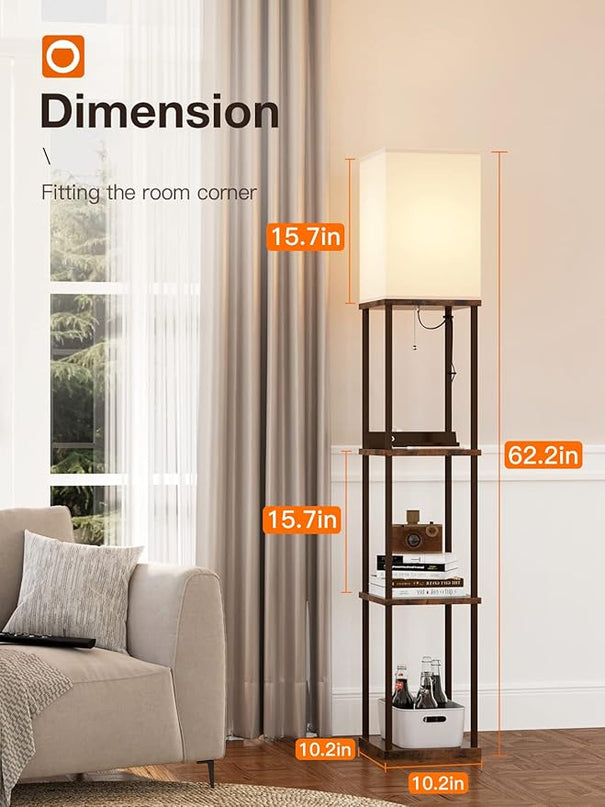 addlon Shelf Floor lamp with 2 USB Ports and Power Outlet, Remote Control Floor lamp for Living Room with 3 Color temperatures led Bulb, Display lamp for Bedroom and Office - Brown - LeafyLoom