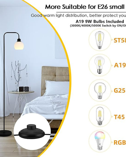 Modern Floor Lamp for Living Room, Black, with 3 Color Temperatures LED Bulb, Industrial Design, 63.2 in H, White Glass Shade, E26 9W A19 LED Bulb Included - LeafyLoom