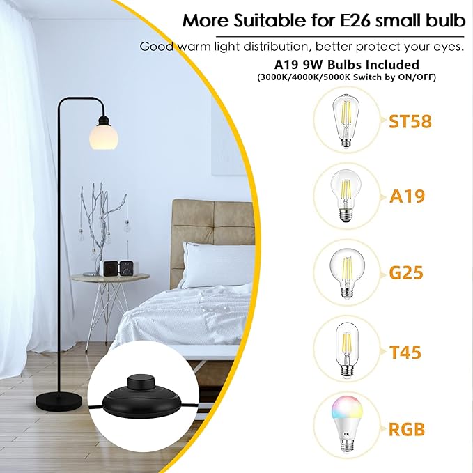 Modern Floor Lamp for Living Room, Black, with 3 Color Temperatures LED Bulb, Industrial Design, 63.2 in H, White Glass Shade, E26 9W A19 LED Bulb Included - LeafyLoom
