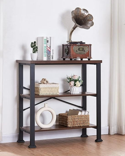 HOMBAZAAR Bookshelf, 3-Tier Vintage Industrial Book Shelf, Rustic Wood and Metal Bookcase and Bookshelves, Free Standing Storage Small Bookshelf for Living Room, Bedroom and Kitchen, Brown - LeafyLoom