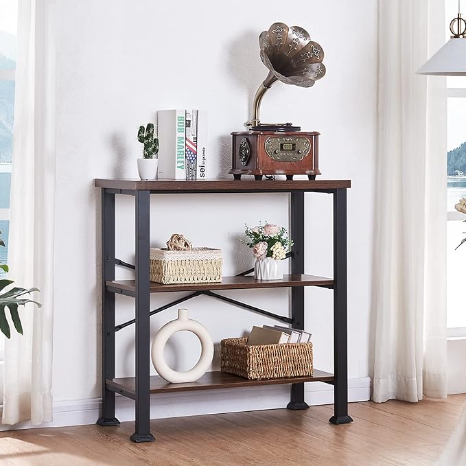 HOMBAZAAR Bookshelf, 3-Tier Vintage Industrial Book Shelf, Rustic Wood and Metal Bookcase and Bookshelves, Free Standing Storage Small Bookshelf for Living Room, Bedroom and Kitchen, Brown - LeafyLoom