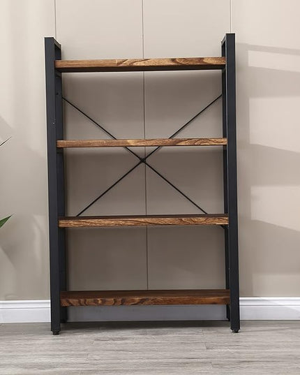 Solid Wood Bookshelf,4 Tier Rustic Vintage Industrial Etagere Bookcase, Open Metal and Wood Vintage Book Shelf, Retro Brown (Real Wood)(4-Tier) - LeafyLoom