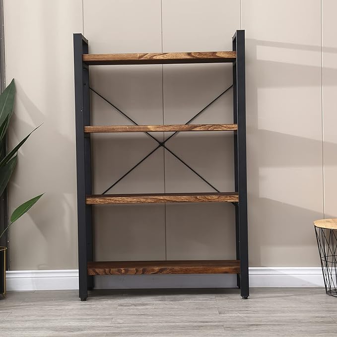 Solid Wood Bookshelf,4 Tier Rustic Vintage Industrial Etagere Bookcase, Open Metal and Wood Vintage Book Shelf, Retro Brown (Real Wood)(4-Tier) - LeafyLoom