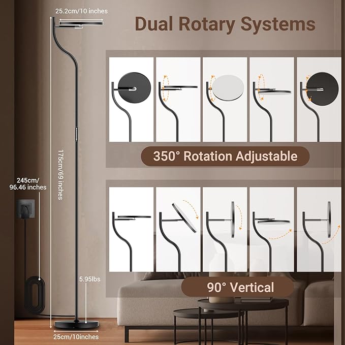 FIMEI LED Modern Floor Lamp, Super Bright Dimmable Tall Standing Lamp with 10'' Lamp Panel, 4 Color Temperature Rotatable Reading Floor Lamps, Remote&Touch Control, for Living Room Bedroom Office - LeafyLoom