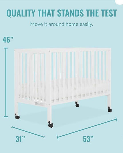 Quinn Full-Size Folding Crib In White, Removeable Wheels, Modern Nursey, Adjustable Mattress Support, Portable Crib, Patented Folding System - LeafyLoom