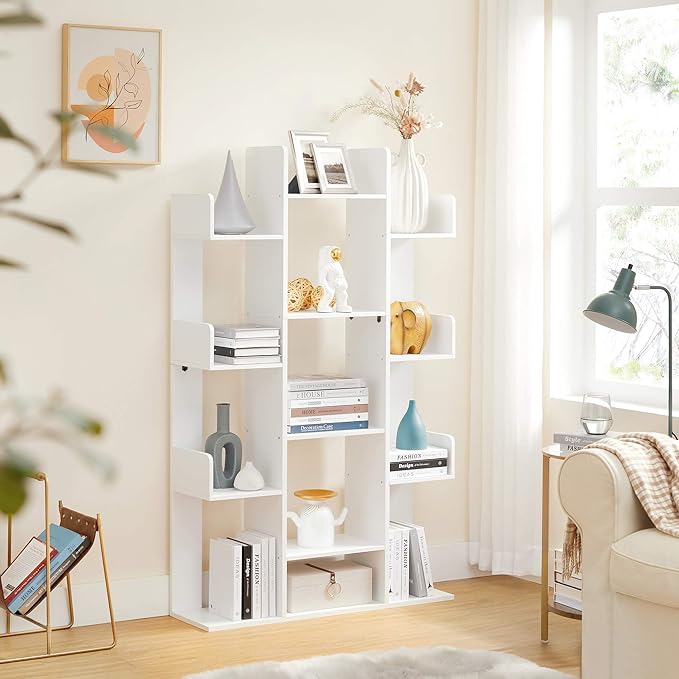 VASAGLE Bookshelf, Tree-Shaped Bookcase with 13 Storage Shelves, Rounded Corners, 9.8”D x 33.9”W x 55.1”H, White ULBC067W01 - LeafyLoom