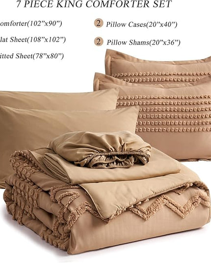 KAKIJUMN Khaki Tufted Comforter Set King Size 7 Piece Bed in a Bag, Shabby Chic Boho Comforter and Sheet Set, Pom Pom Textured Bed Set, All Season Soft Microfiber Complete Bedding Set(Khaki,King) - LeafyLoom