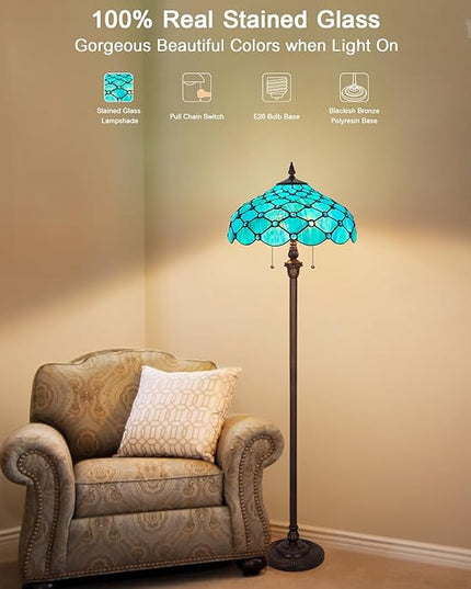 Capulina Tiffany Floor Lamp 2-Light 16X16X63 Inches Seagrass Blue Beads Style Stained Glass Standing Reading Light for Living Room Bedroom Home Office - LeafyLoom