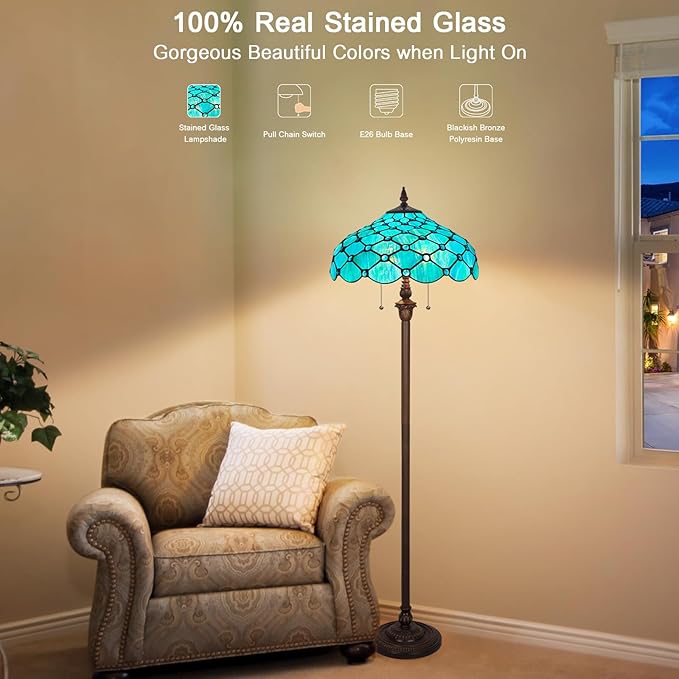 Capulina Tiffany Floor Lamp 2-Light 16X16X63 Inches Seagrass Blue Beads Style Stained Glass Standing Reading Light for Living Room Bedroom Home Office - LeafyLoom