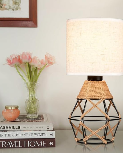 Hamilyeah Boho Table Lamps, Woven Table Lamp for Nightstand with On/Off Switch, Farmhouse Beside Lamp for Bedroom, Industrial Table Lamp for Living Room - LeafyLoom
