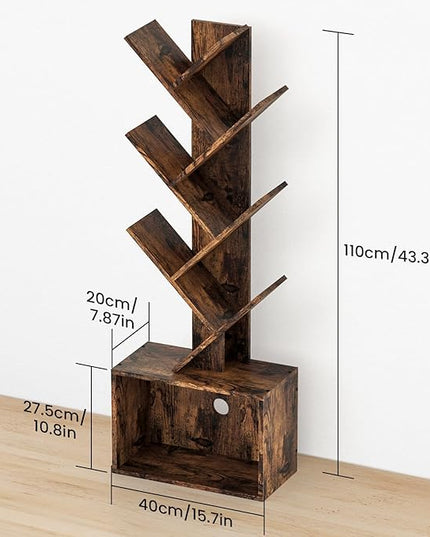 6 Tier Tree Bookshelf, Sturdy Retro Floor Standing Wood Bookcase, Storage Rack for Home Office, Living Room, Bedroom, Reading Spot, Heavy Book Organizer Shelves for CDs/DVDs/Movies - LeafyLoom