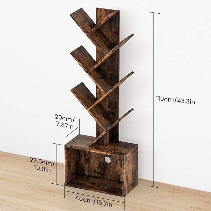 6 Tier Tree Bookshelf, Sturdy Retro Floor Standing Wood Bookcase, Storage Rack for Home Office, Living Room, Bedroom, Reading Spot, Heavy Book Organizer Shelves for CDs/DVDs/Movies - LeafyLoom