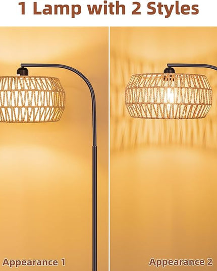 Rattan Standing Lamp with Remote and Dimmable Bulb, Bronze Arch Floor Lamp, Over Couch Lamp with Foot Switch, Brown Boho Lamp for Living Room, Bedroom, Office, Classroom - LeafyLoom