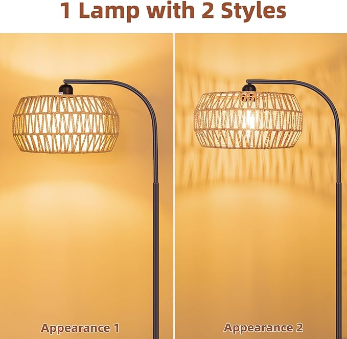 Rattan Standing Lamp with Remote and Dimmable Bulb, Bronze Arch Floor Lamp, Over Couch Lamp with Foot Switch, Brown Boho Lamp for Living Room, Bedroom, Office, Classroom - LeafyLoom