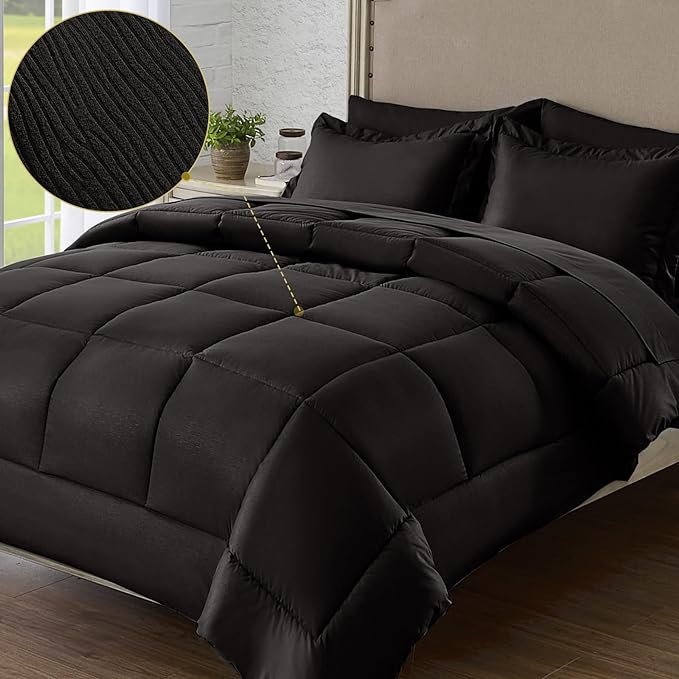 Queen Bed in a Bag 7 Pieces Comforter Set Queen, Wood Grain Texture Comforter Set Black Bed Set with Comforter, Pillowcases, Flat Sheet, Fitted Sheet and Pillow Shams - LeafyLoom