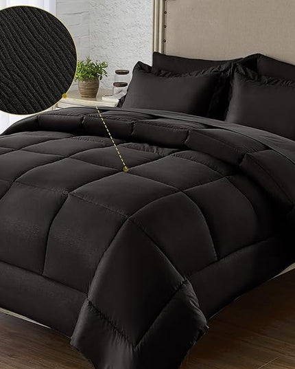 California King Bed in a Bag 7 Pieces Cal King Comforter Set, Wood Grain Texture Comforter Set Black Bed Set with Comforter, Pillowcases, Flat Sheet, Fitted Sheet and Pillow Shams - LeafyLoom
