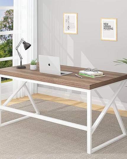 HSH Farmhouse Computer Desk, Large Home Office PC Desk, Modern Simple Metal Wood Desk Workstation for Executive Writing Study, Rustic Long Bedroom Living Room Table, White and Rustic Oak, 60 Inch - LeafyLoom