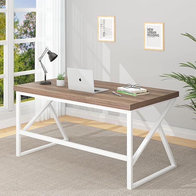 HSH Farmhouse Computer Desk, Large Home Office PC Desk, Modern Simple Metal Wood Desk Workstation for Executive Writing Study, Rustic Long Bedroom Living Room Table, White and Rustic Oak, 60 Inch - LeafyLoom
