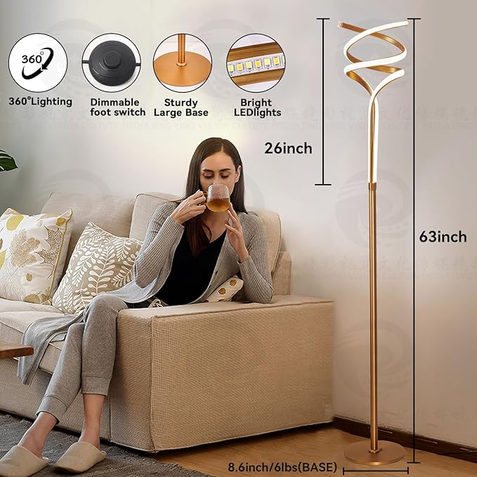 Floor Lamp,LED Modern Floor Lamps for Living Room,2500LM/40W-3-Color/Endless Dimmable Remote Control Standing Lamp,63" Bright Gold Spiral Floor Lamp for Living Room Bedroom Office. - LeafyLoom
