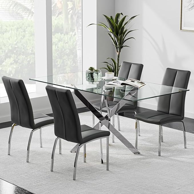 Tempered Glass Dining Table with Chromed Legs, 47in Rectangular Kitchen Table for Kitchen Dining Room Home Office (47.24 * 27.55, White/Silver) - LeafyLoom