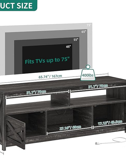 YITAHOME TV Stand with LED Light & Power Outlet, Farmhouse Media Console w/Storage Cabinets for 75 Inch TV, Rustic Entertainment Center Table TV Cabinet for Living Room, 65'' Large TV Stand, Dark Grey - LeafyLoom