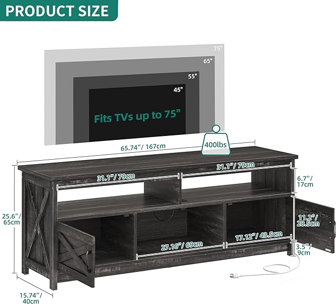 YITAHOME TV Stand with LED Light & Power Outlet, Farmhouse Media Console w/Storage Cabinets for 75 Inch TV, Rustic Entertainment Center Table TV Cabinet for Living Room, 65'' Large TV Stand, Dark Grey - LeafyLoom