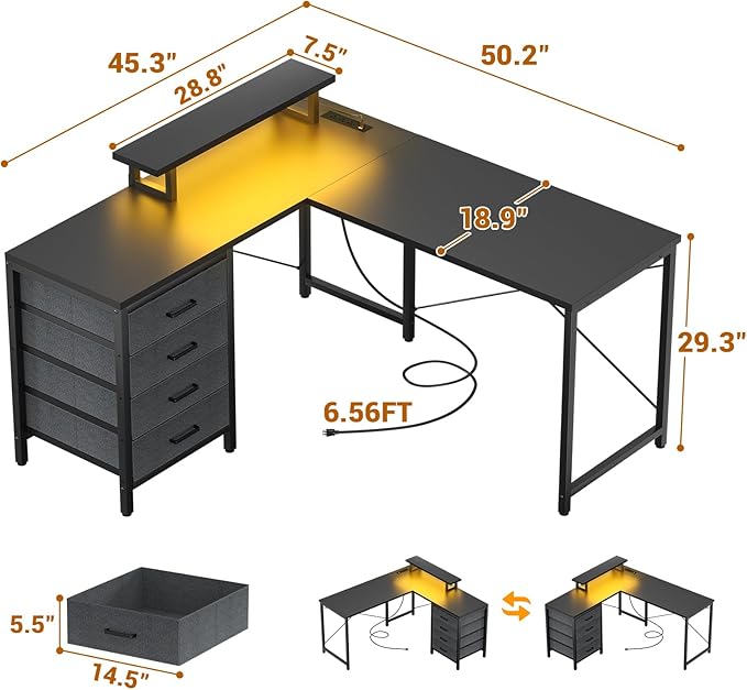Homieasy L Shaped Desk with Drawers & Power Outlets, Reversible Computer Desk with LED Light and Monitor Stand, 50 Inch Home Office Gaming Work Study Desk with 4 Storage Drawers, Black - LeafyLoom