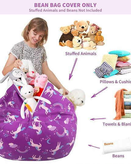 Aubliss Stuffed Animal Bean Bag Storage Chair (Purple Unicorn, Large (38'')) - LeafyLoom