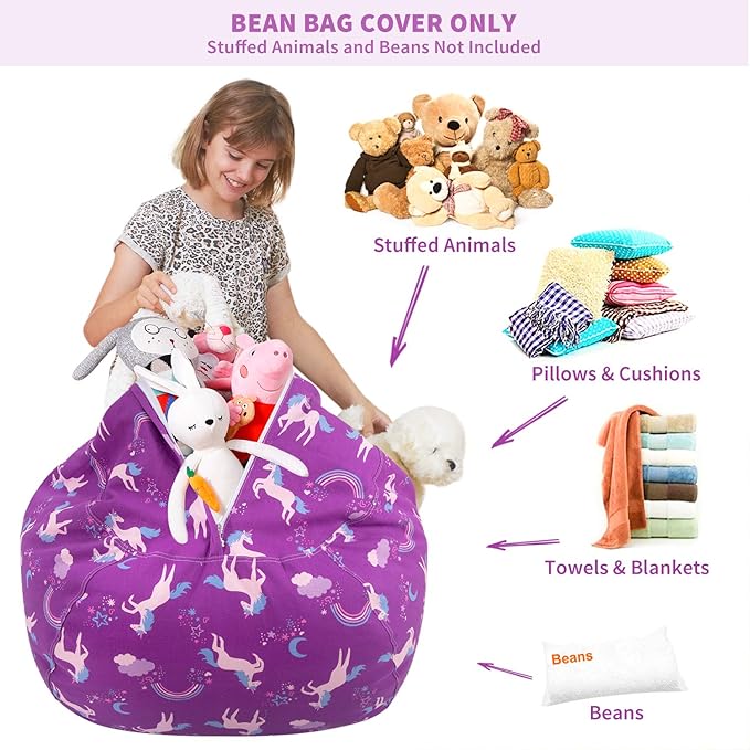Aubliss Stuffed Animal Bean Bag Storage Chair (Purple Unicorn, Large (38'')) - LeafyLoom