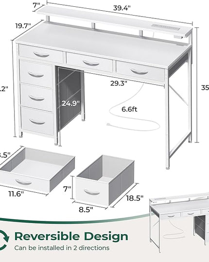 Gaming Desk with 6 Drawers, Computer Desk with LED Lights Power Outlets and Type-C, 39 Inch Office Desk with Storage, Monitor Stand, Writing Desk Work Desk Home Office, Bedroom, Study, White - LeafyLoom