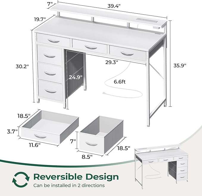 Gaming Desk with 6 Drawers, Computer Desk with LED Lights Power Outlets and Type-C, 39 Inch Office Desk with Storage, Monitor Stand, Writing Desk Work Desk Home Office, Bedroom, Study, White - LeafyLoom