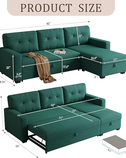 82'' L Shaped Pull Out Couch with Storage Chaise,Convertible Sectional Sleeper Sofa Bed W/ 3 Removable Back Cushions for Living Room,Office,Apartment,Green, 82" - LeafyLoom