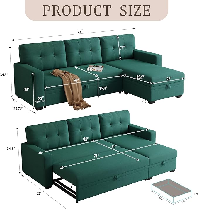 82'' L Shaped Pull Out Couch with Storage Chaise,Convertible Sectional Sleeper Sofa Bed W/ 3 Removable Back Cushions for Living Room,Office,Apartment,Green, 82" - LeafyLoom