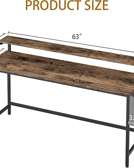 Shintenchi 63 inch Computer Desk with Monitor Stand, Stable Design Writing Desk, Study Workstation Home Office Table with Storage Bag & Hook, Vintage Brown - LeafyLoom