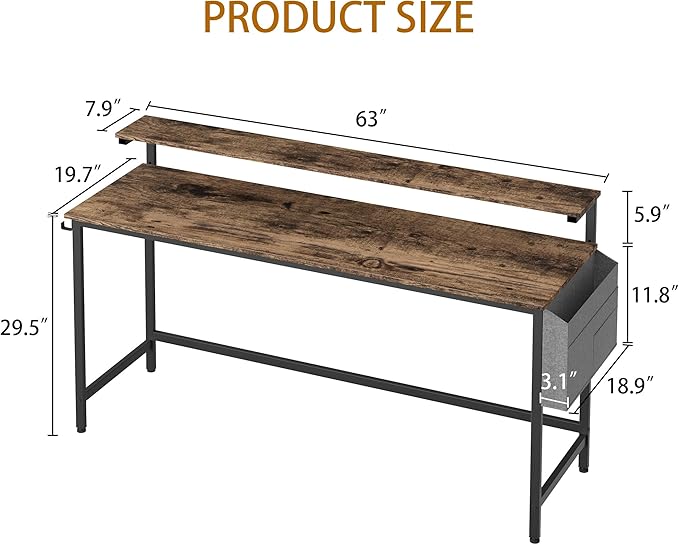 Shintenchi 63 inch Computer Desk with Monitor Stand, Stable Design Writing Desk, Study Workstation Home Office Table with Storage Bag & Hook, Vintage Brown - LeafyLoom