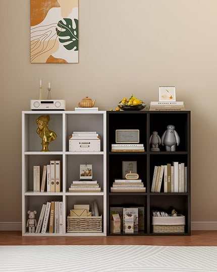 6-Cube Storage Shelf Bookcase - Wooden 3-Tier Floor Standing Open Bookshelf for Home and Office, Display Cabinet, Black - LeafyLoom