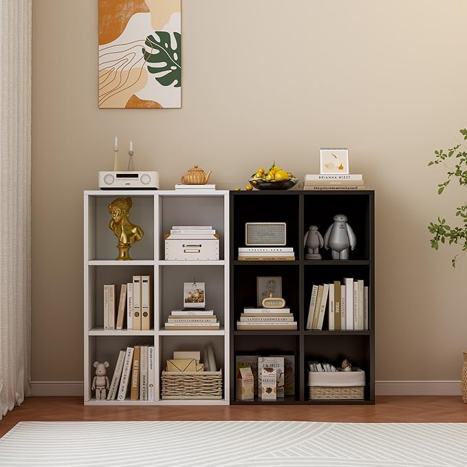 6-Cube Storage Shelf Bookcase - Wooden 3-Tier Floor Standing Open Bookshelf for Home and Office, Display Cabinet, Black - LeafyLoom