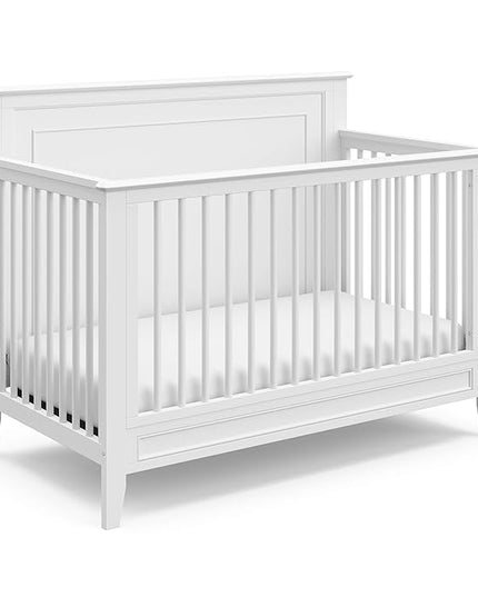 Storkcraft Solstice 5-In-1 Convertible Crib (White) – GREENGUARD Gold Certified, Converts to Toddler Bed and Full-Size Bed, Fits Standard Full-Size Crib Mattress, Adjustable Mattress Support Base - LeafyLoom