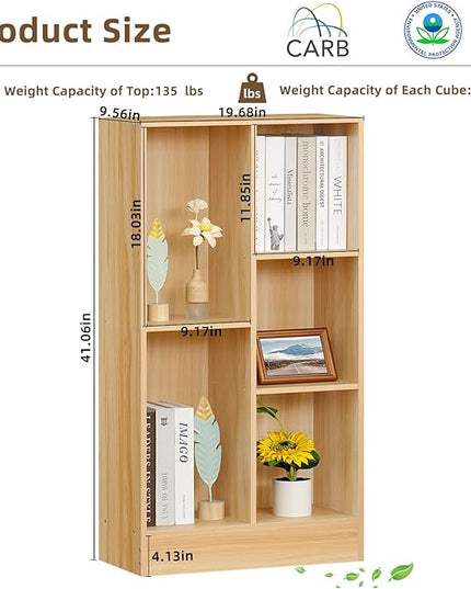 LEYAOYAO 5 Cube Mid-Century Modern Natural Wood Bookshelf with Base, 3 Tier Storage Organizer Shelf, Rustic Wood Display Cabinet for Bedroom, Living Room, Office - LeafyLoom