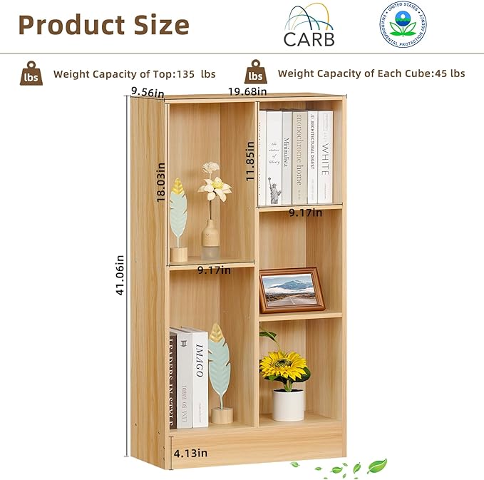 LEYAOYAO 5 Cube Mid-Century Modern Natural Wood Bookshelf with Base, 3 Tier Storage Organizer Shelf, Rustic Wood Display Cabinet for Bedroom, Living Room, Office - LeafyLoom