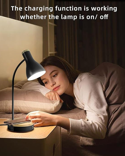 Metal Desk Lamp Wireless Charging Table Lamp Touch Reading Lights Arc Desk Lamps for Bedroom, 3 Way Dimmable Bedside Lamp with USB Charging Ports, Reading Lamp for Study Room and Office (Black-02) - LeafyLoom