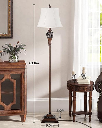 Vintage Floor Lamp for Living Room Traditional Farmhouse Tall Standing Lamp Mid-century Antique Bedroom Pole Lamp with White Fabric Shade Rustic Bright Lighting Elegant Reading Lamp Retro Home Decor - LeafyLoom