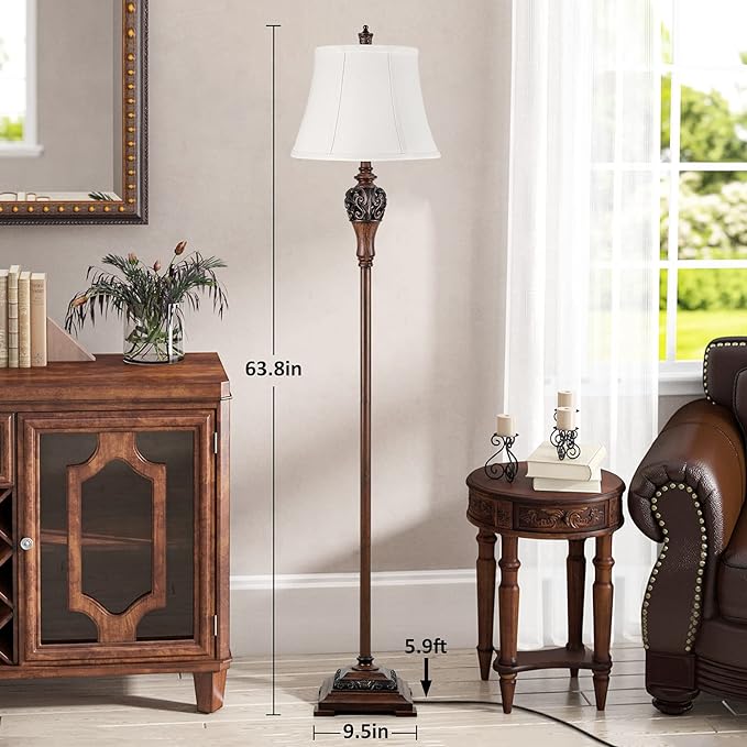 Vintage Floor Lamp for Living Room Traditional Farmhouse Tall Standing Lamp Mid-century Antique Bedroom Pole Lamp with White Fabric Shade Rustic Bright Lighting Elegant Reading Lamp Retro Home Decor - LeafyLoom