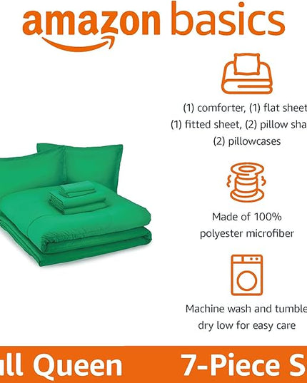 Amazon Basics 7 Piece Microfiber Kid's Bed-in-a-Bag Bedding Set, Full/Queen, Green, Solid - LeafyLoom