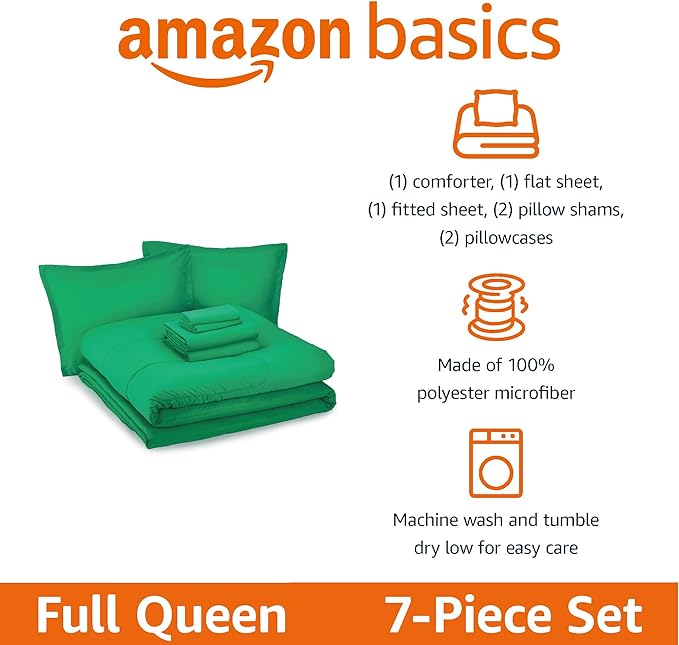 Amazon Basics 7 Piece Microfiber Kid's Bed-in-a-Bag Bedding Set, Full/Queen, Green, Solid - LeafyLoom