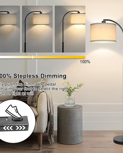 Boncoo Modern Floor Lamp for Living Room, Arc Floor Lamp with Adjustable Hanging Shade, Black Arched Light with Dimmable Pedal Switch for Bedroom Study Room Office, 9W 3000K LED Bulb Included - LeafyLoom