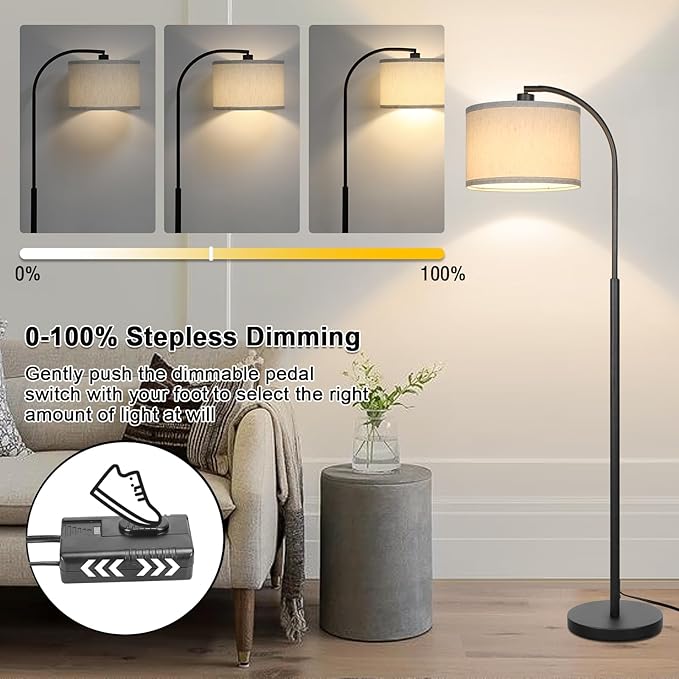 Boncoo Modern Floor Lamp for Living Room, Arc Floor Lamp with Adjustable Hanging Shade, Black Arched Light with Dimmable Pedal Switch for Bedroom Study Room Office, 9W 3000K LED Bulb Included - LeafyLoom