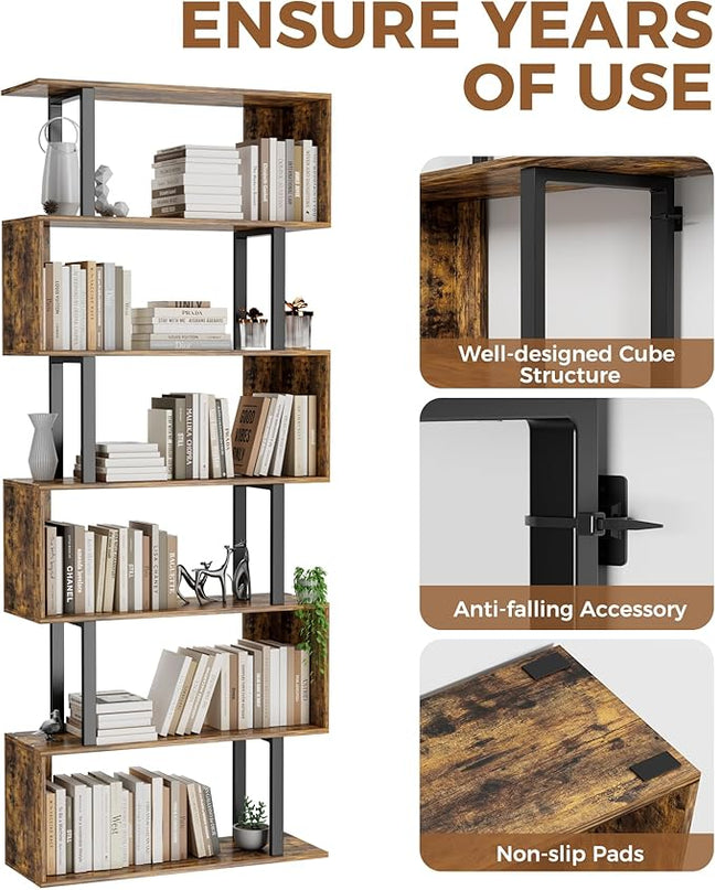 Gadroad 6 Tier Geometric Bookcase,S Shaped Bookshelf, Wood Decorative Storage Shelving, Modern Freestanding Display Shelves, Tall Book Shelf Unit for Living Room Bedroom, Rustic Brown - LeafyLoom